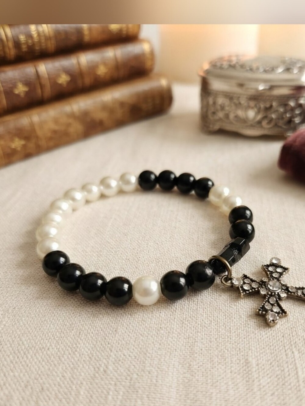 Black and White Beaded Bracelet with Cross Charm Stretch Small to Medium